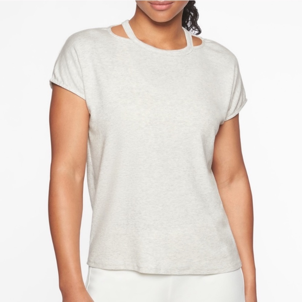 •ATHLETA• Glimpse Open Neck Ribbed Knit Tee Top in Fog Gray Heather Size XS